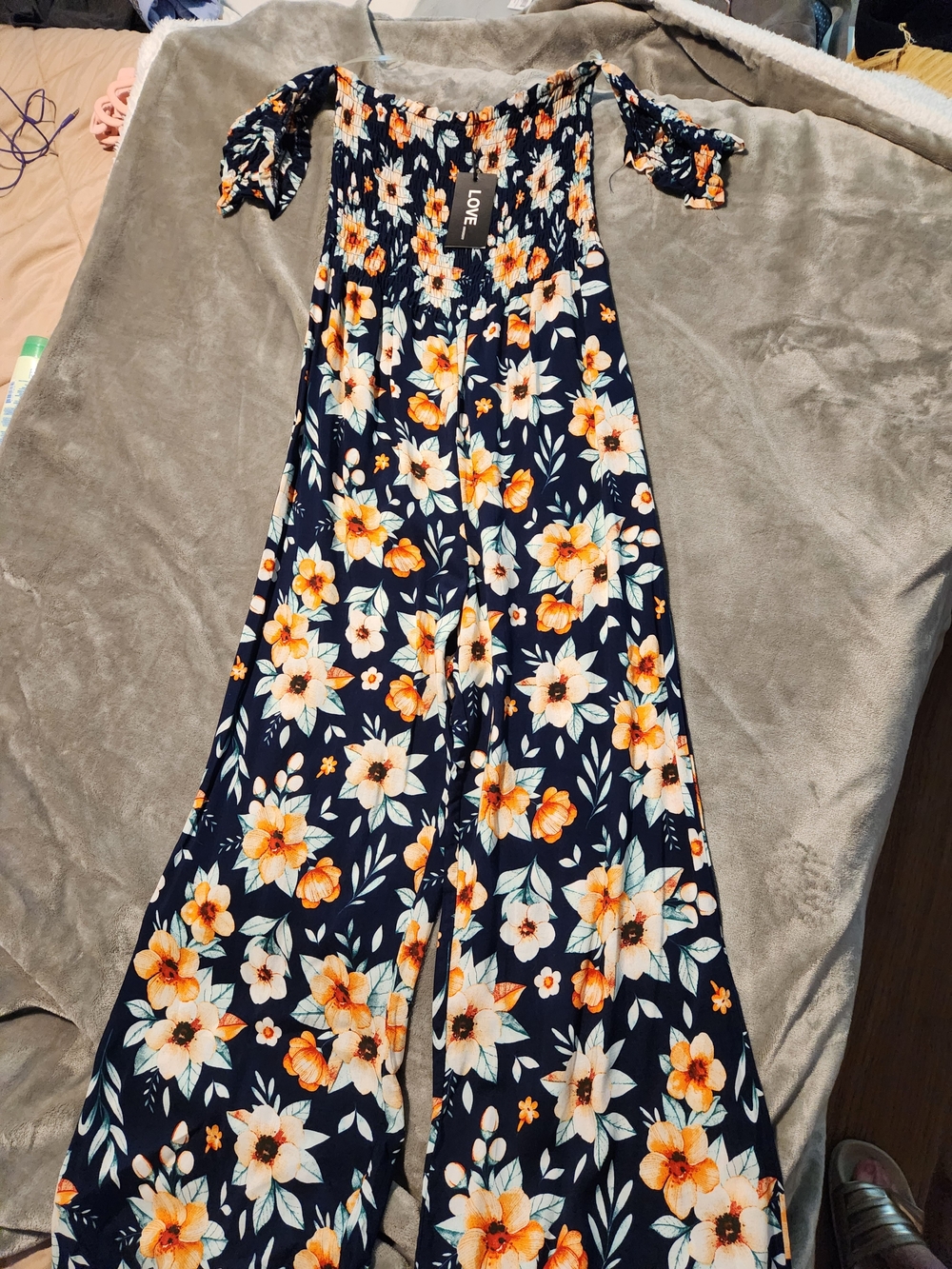 Love Navy Floral Off-Shoulder Jumpsuit with Orange Blooms